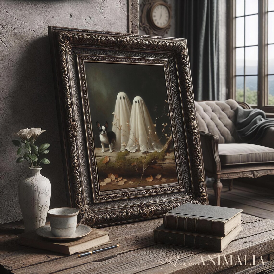 Ghosts With Pet Boston Terrier, Vintage Halloween Art Print - Image 3