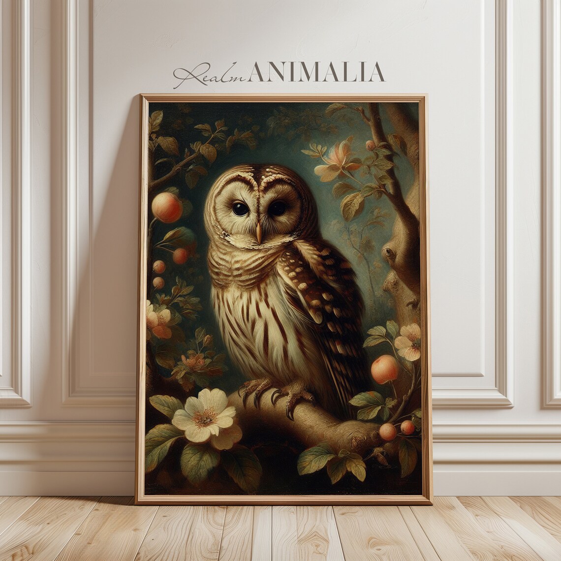 Vintage Barred Owl Oil Painting Blossoming Branch Rustic Bird Poster - Image 3