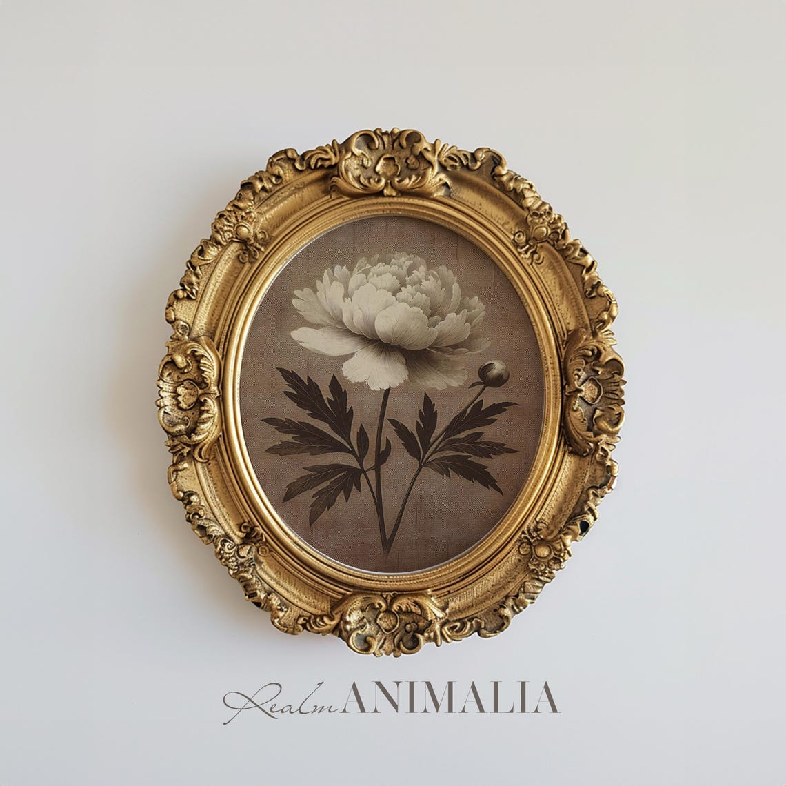 White Peony Flower On Brown Textile Vintage Botanical Poster - Image 2