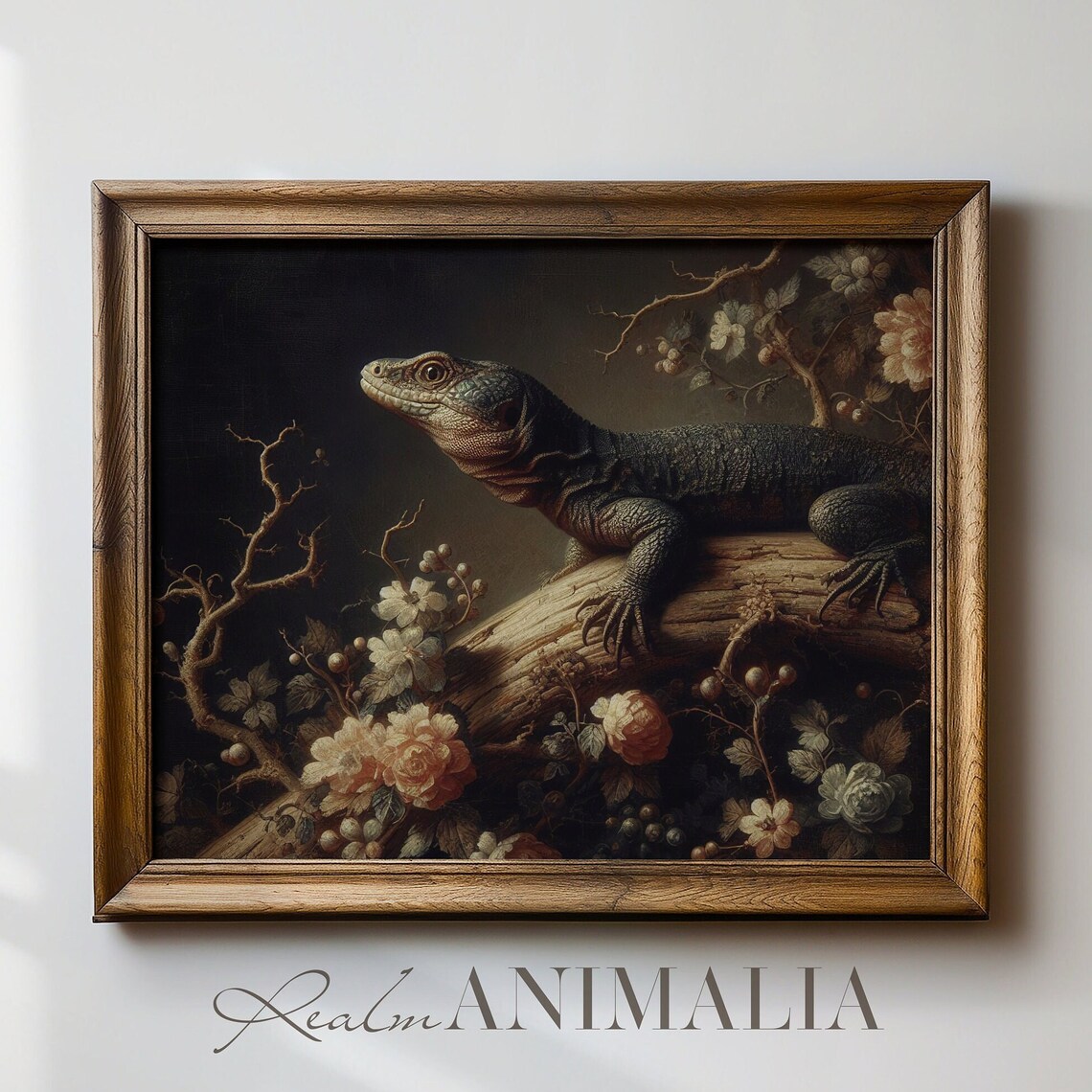 Dark Lizard On Log Among Roses Moody Vintage Reptile Wall Art Print - Image 4
