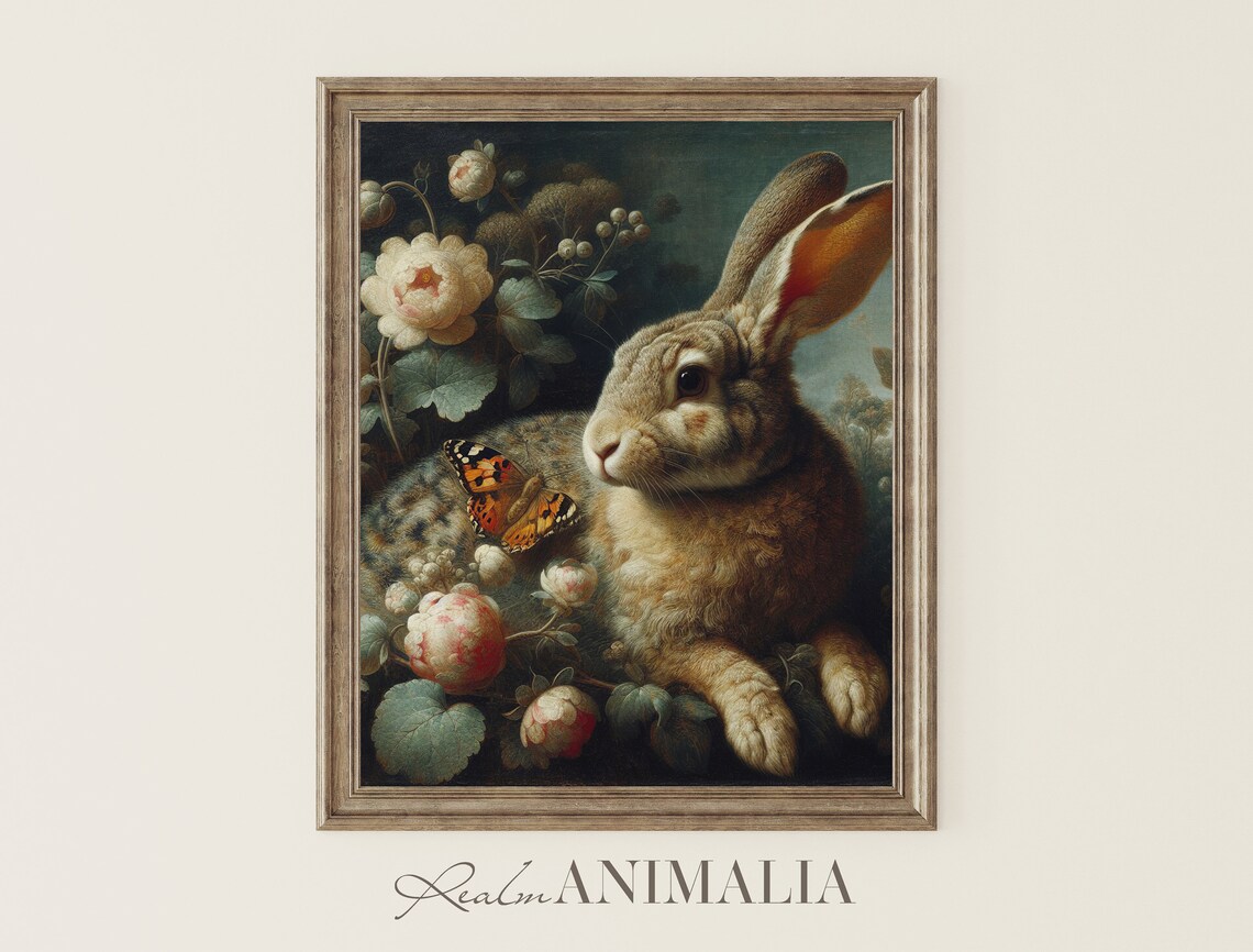 Brown Rabbit With Butterfly Among White And Peach Roses Vintage Art Print