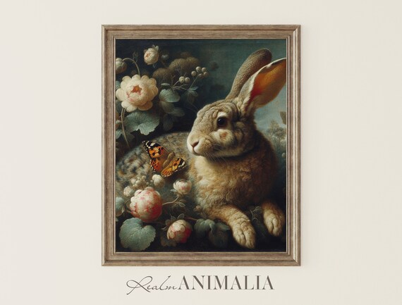 Brown Rabbit With Butterfly Among White And Peach Roses Vintage Art Print