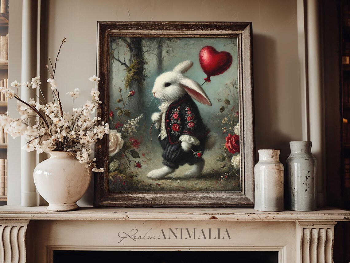 White Bunny Rabbit Art Print, Whimsical Valentine Style - Image 3
