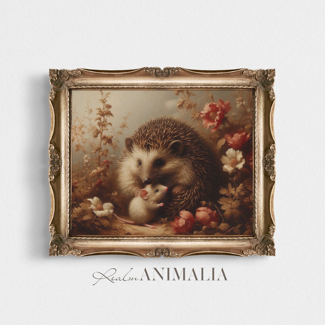 Hedgehog and Mouse Vintage Oil Painting Floral Woodland Friends Poster - Image 4