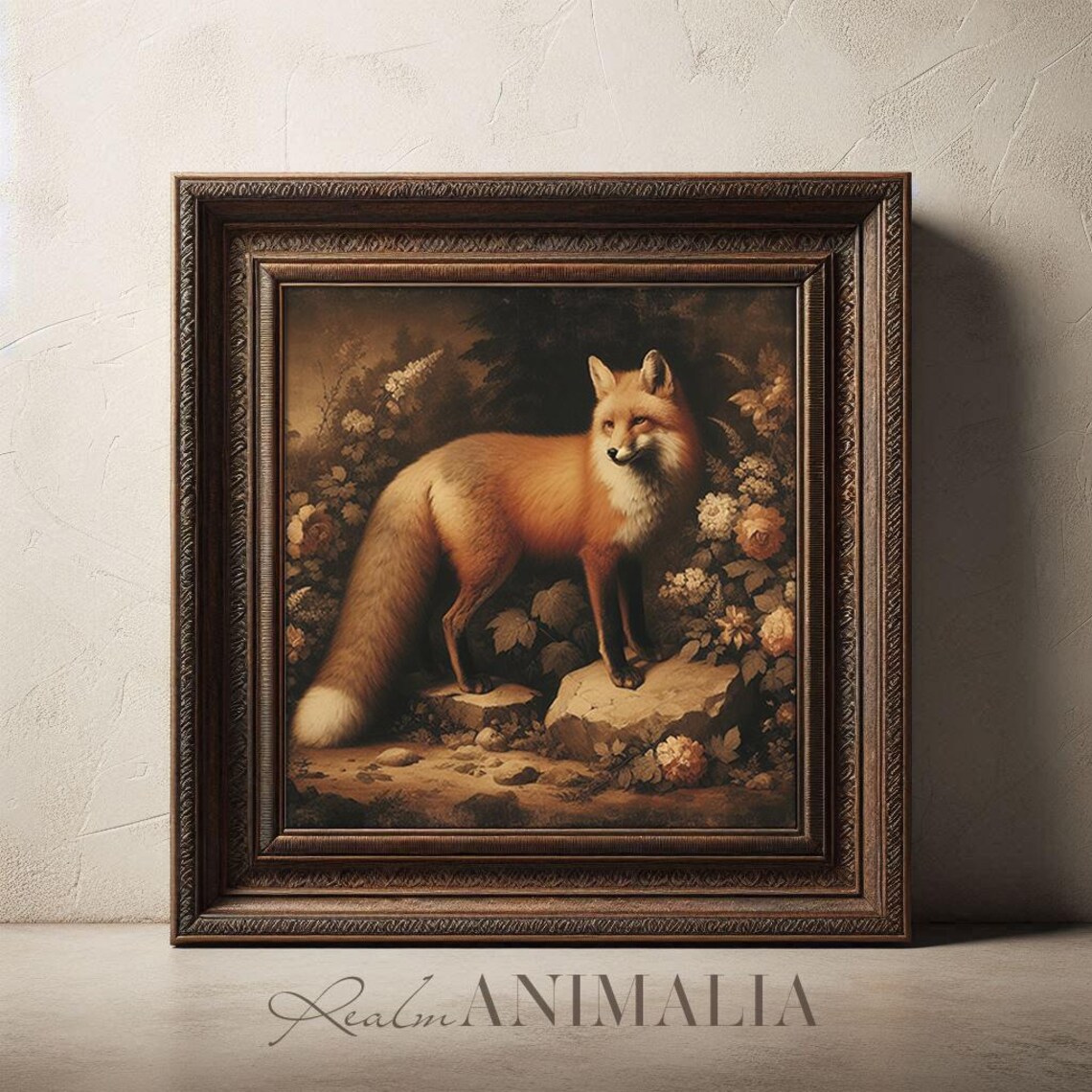 Red Fox Vintage Oil Painting Botanical Woodland Rustic Wildlife Square Poster - Image 2