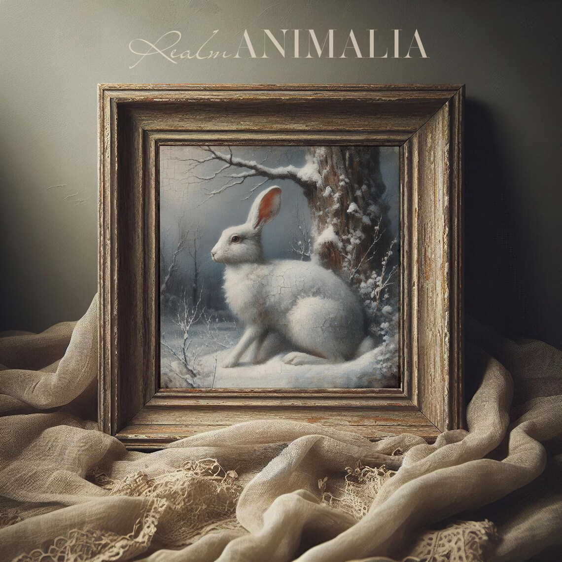White Rabbit In Snowy Winter Woodland Vintage Wildlife Painting Poster - Image 3