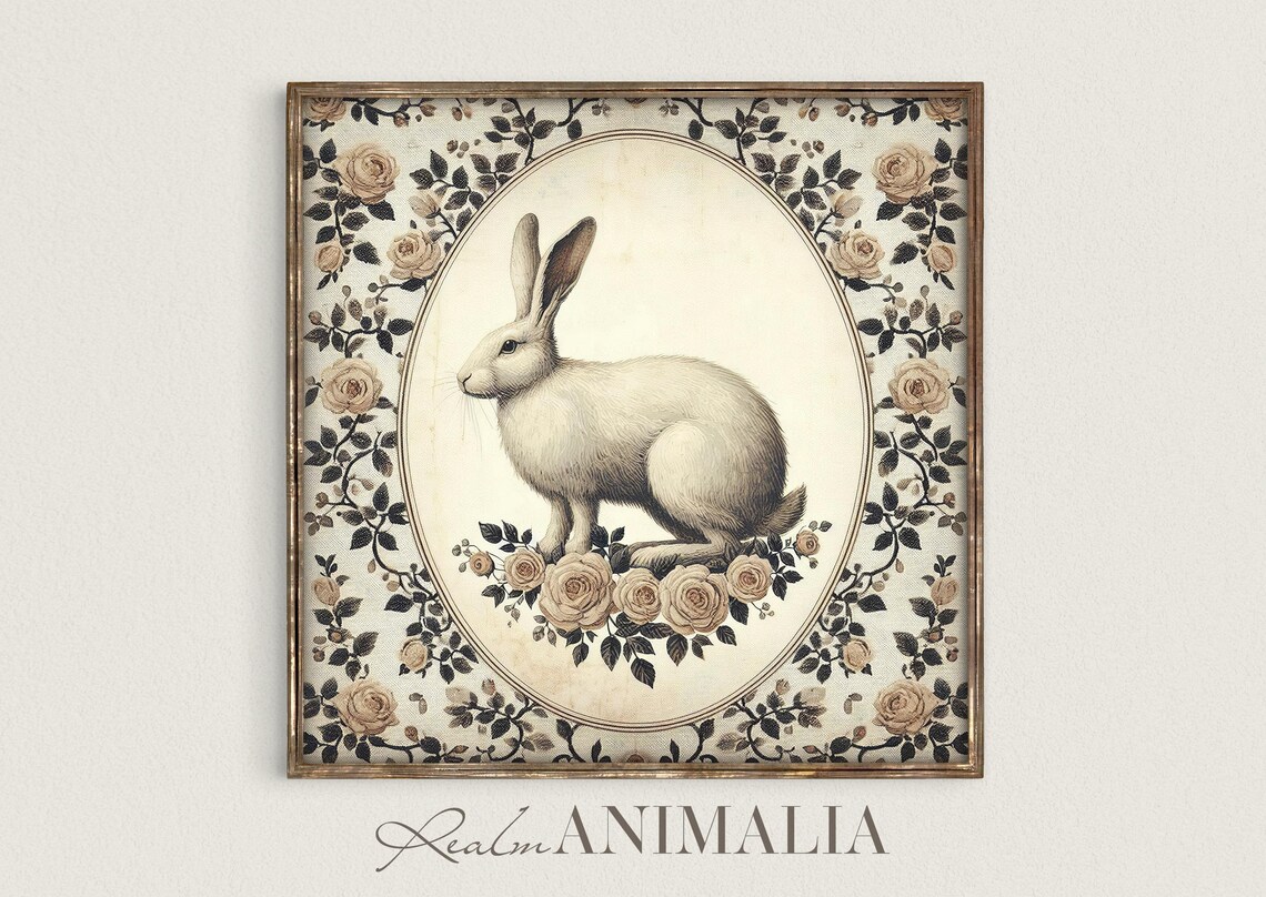 White Rabbit In Oval Medallion Light Rose Floral Tapestry Vintage Poster - Image 2