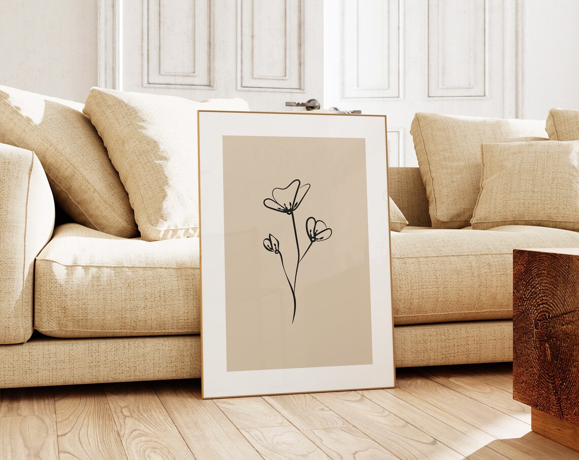 Neutral Beige Flower Line Art Print For Japandi Living Rooms