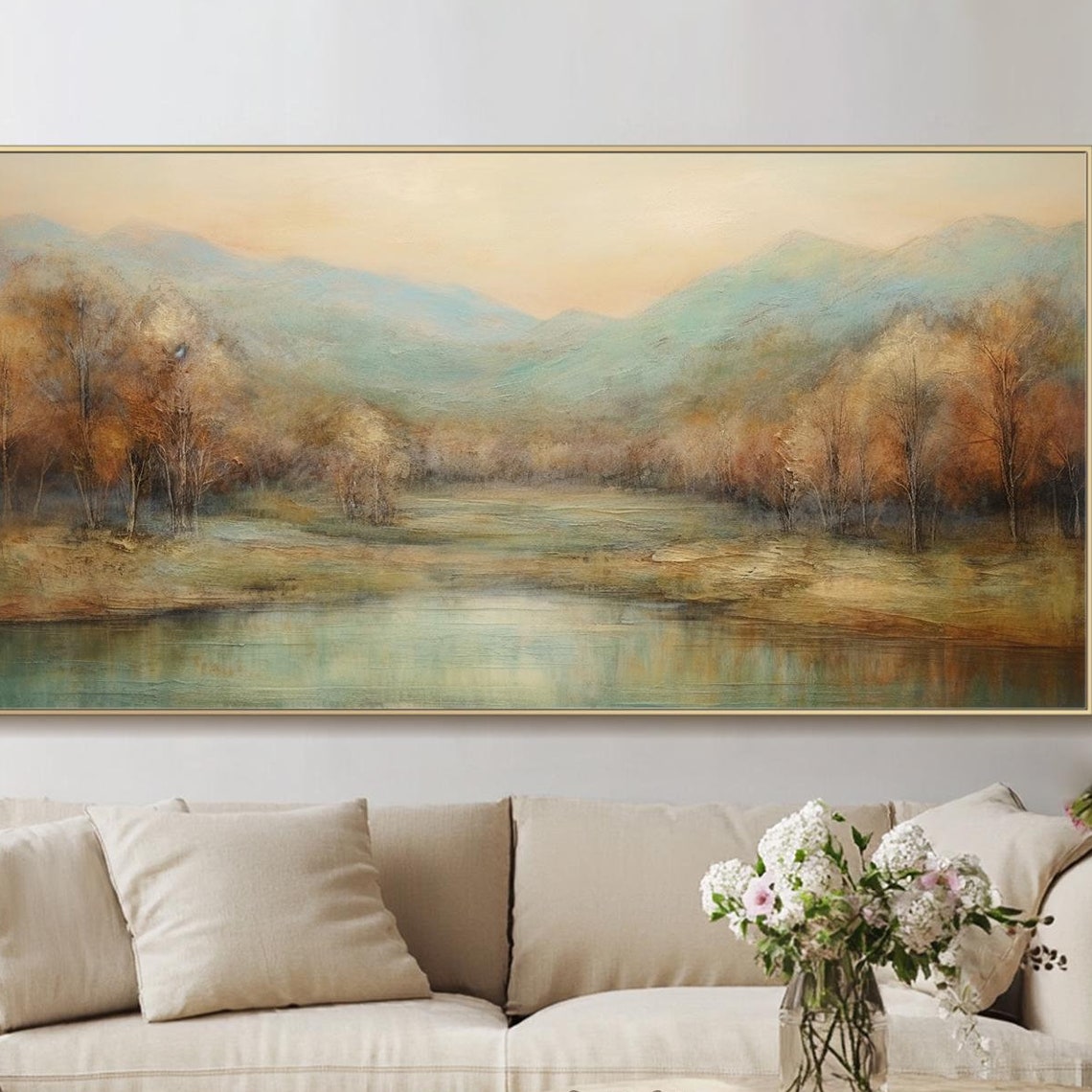 Misty Mountain Lake Dawn Tranquil Minimalist Oil Painting Wall Art