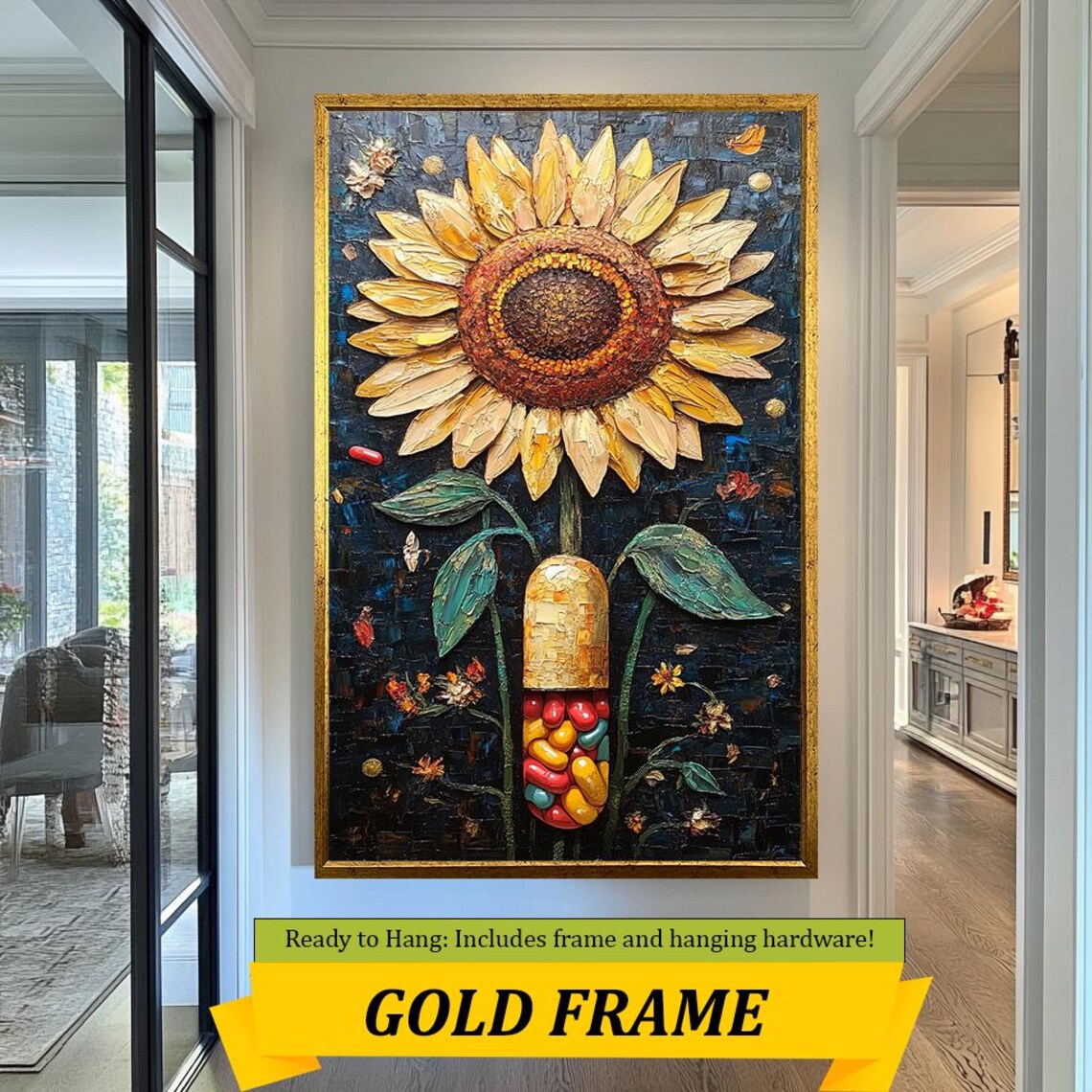 Sunflower Capsule Surreal Textured Impasto Floral Painting Art Poster - Image 3
