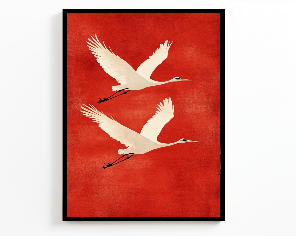 Japanese White Cranes Soaring Bright Red Sky Bold Minimalist Wall Art - Image 2