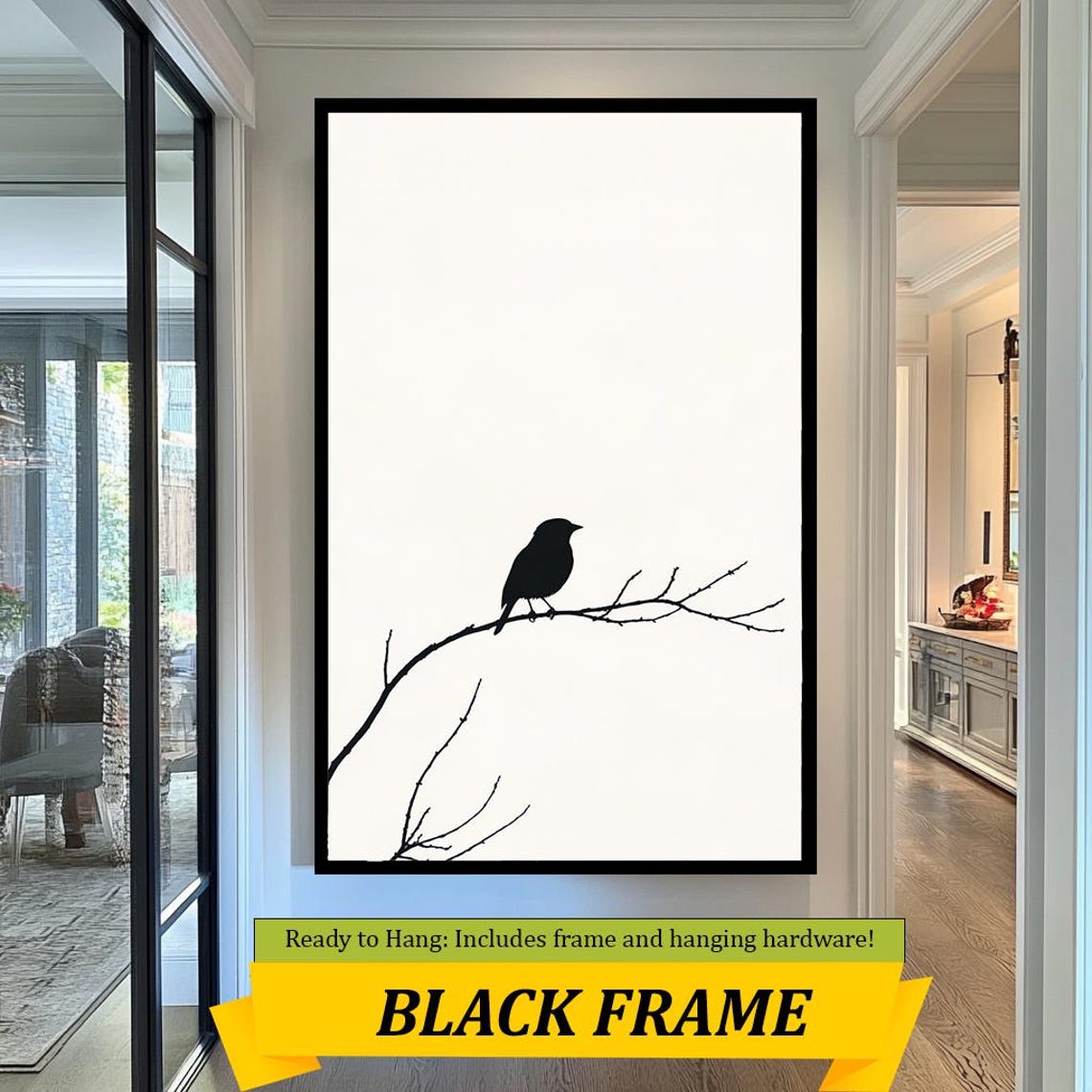 Minimalist Black Bird Silhouette Perched on Bare Branch Wall Art - Image 3