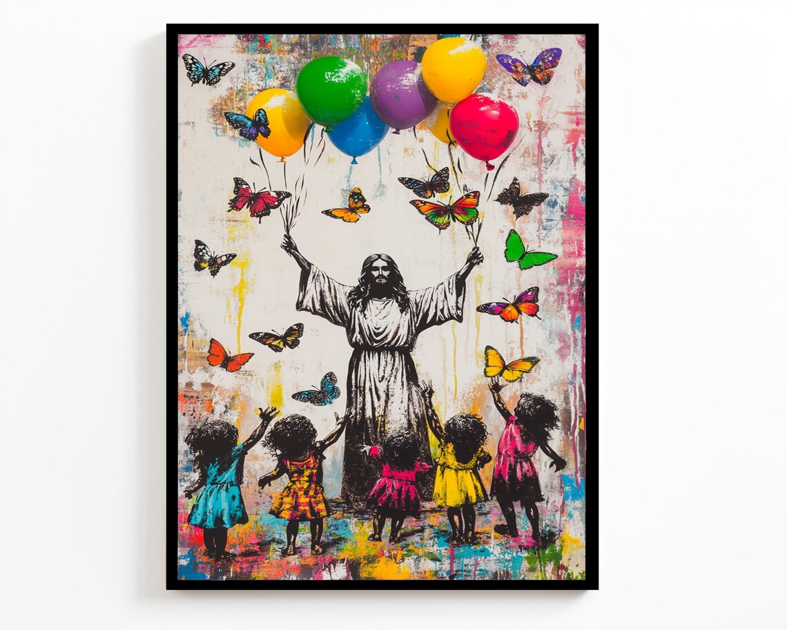 Jesus With Girls Balloons Butterflies White Robe Drip Painting Poster - Image 2