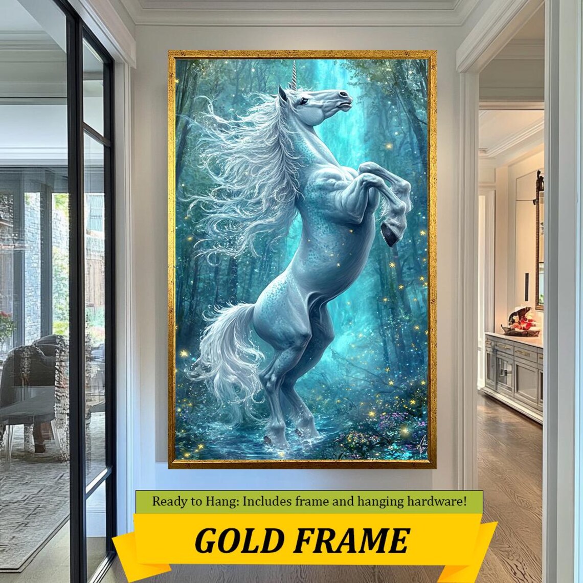 Majestic White Unicorn Rearing Mystical Teal Forest Fantasy Wall Art Poster - Image 3