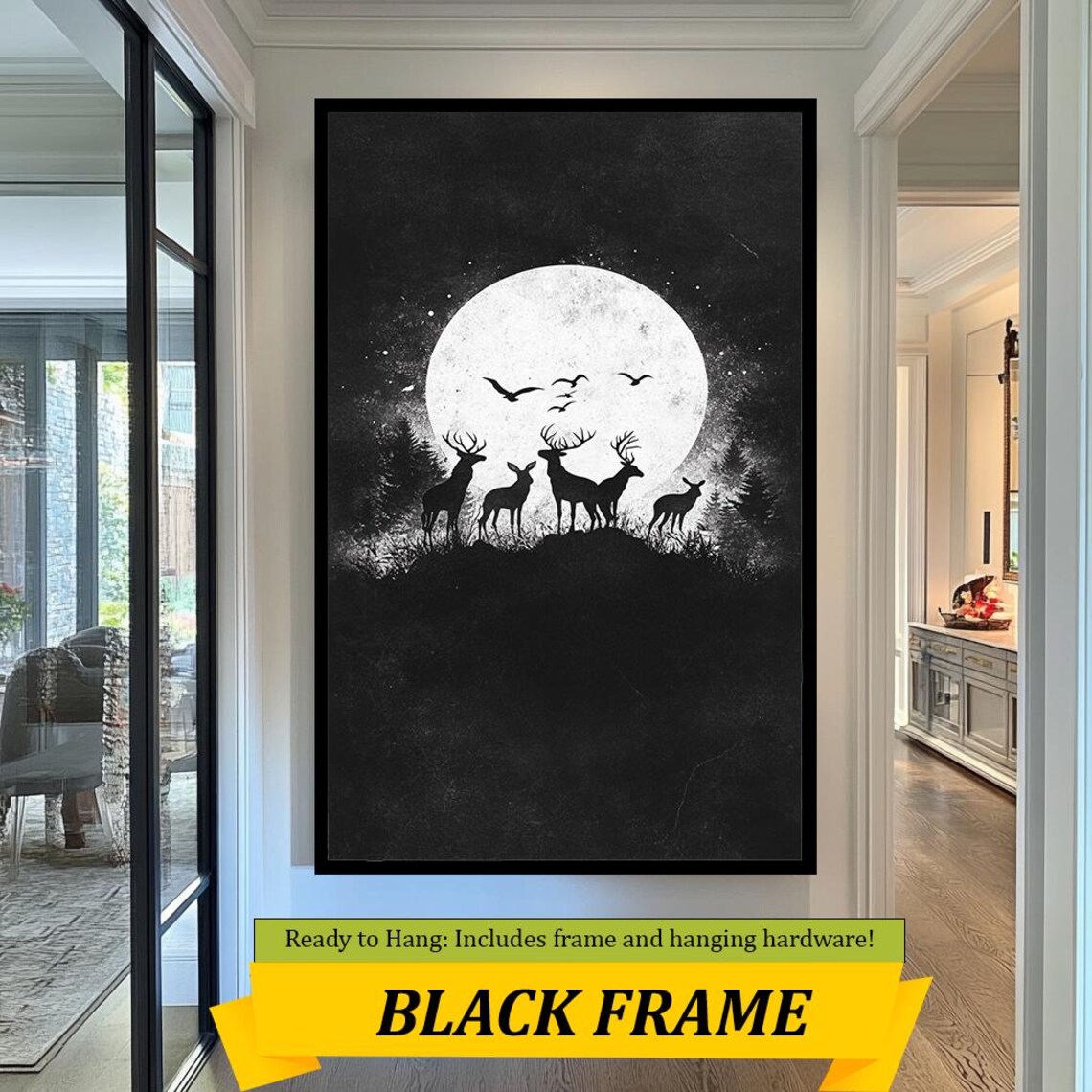 Deer Herd Silhouette Full Moon Black And White Forest Night Wall Art Poster - Image 3