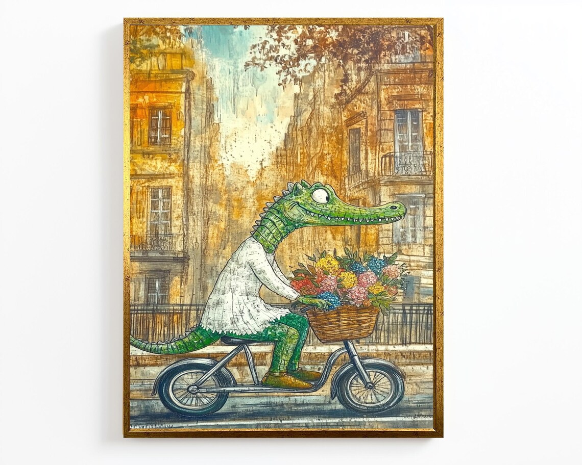 Charming Alligator Riding Bicycle With Flowers Paris Street Wall Art - Image 2