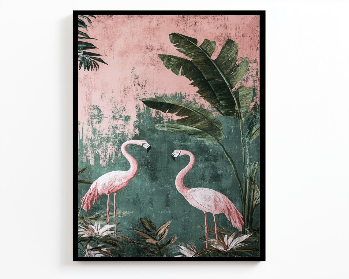 Tropical Pink Flamingos Banana Leaves Vintage Pink Green Wall Art - Image 2