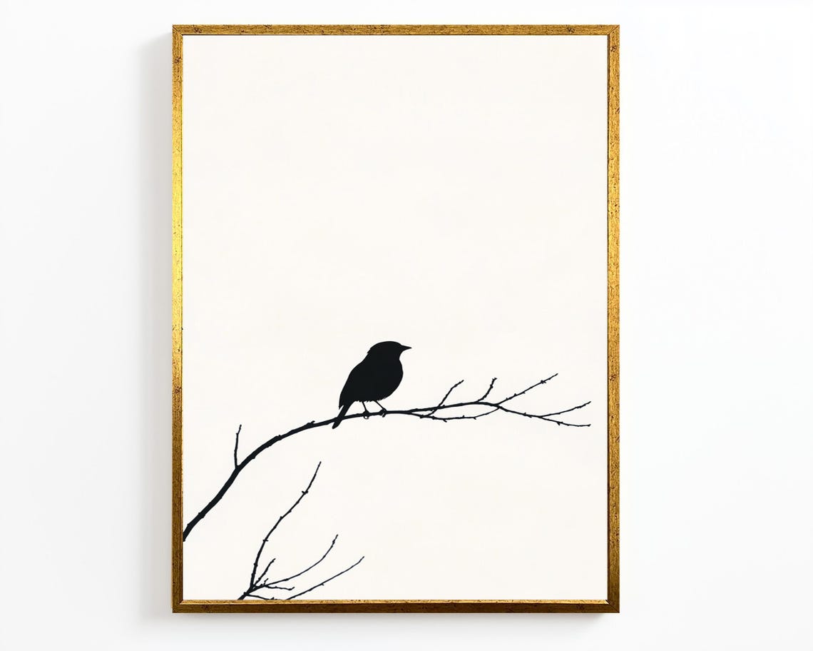 Minimalist Black Bird Silhouette Perched on Bare Branch Wall Art - Image 2