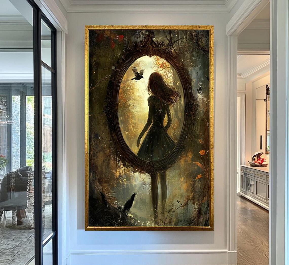 Mystical Mirror Portal Gothic Fantasy Woman Dark Forest Ravens Wall Art