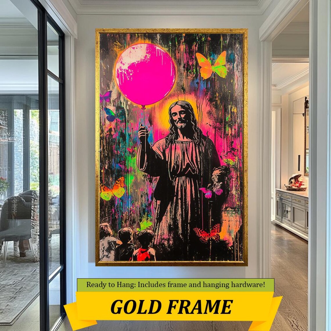 Jesus Holding Pink Balloon Children Graffiti Neon Butterfly Wall Art - Image 3