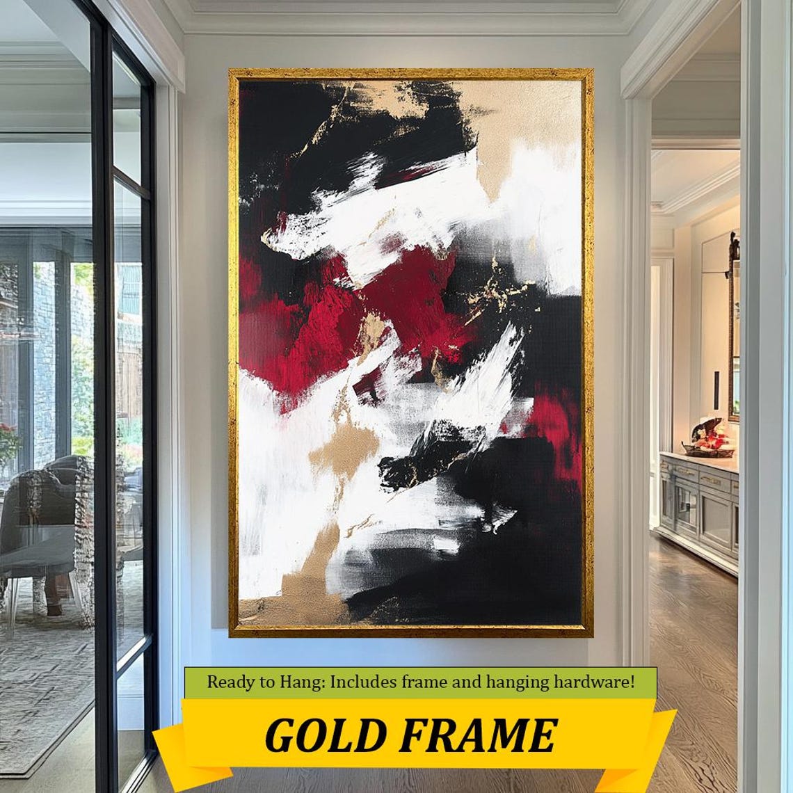 Bold Red Black White Gold Abstract Textured Brushstroke Statement Art - Image 3