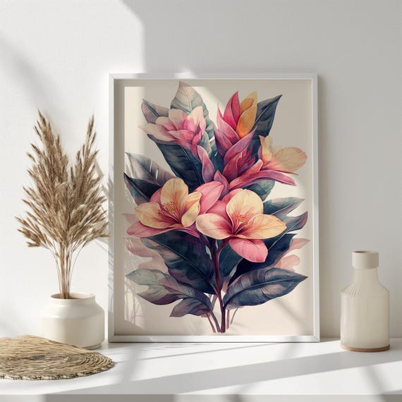 Tropical Hibiscus Wall Art Botanical Watercolor Printing Pink Floral Wall Decor Floral Wall Art Floral Wall Decor