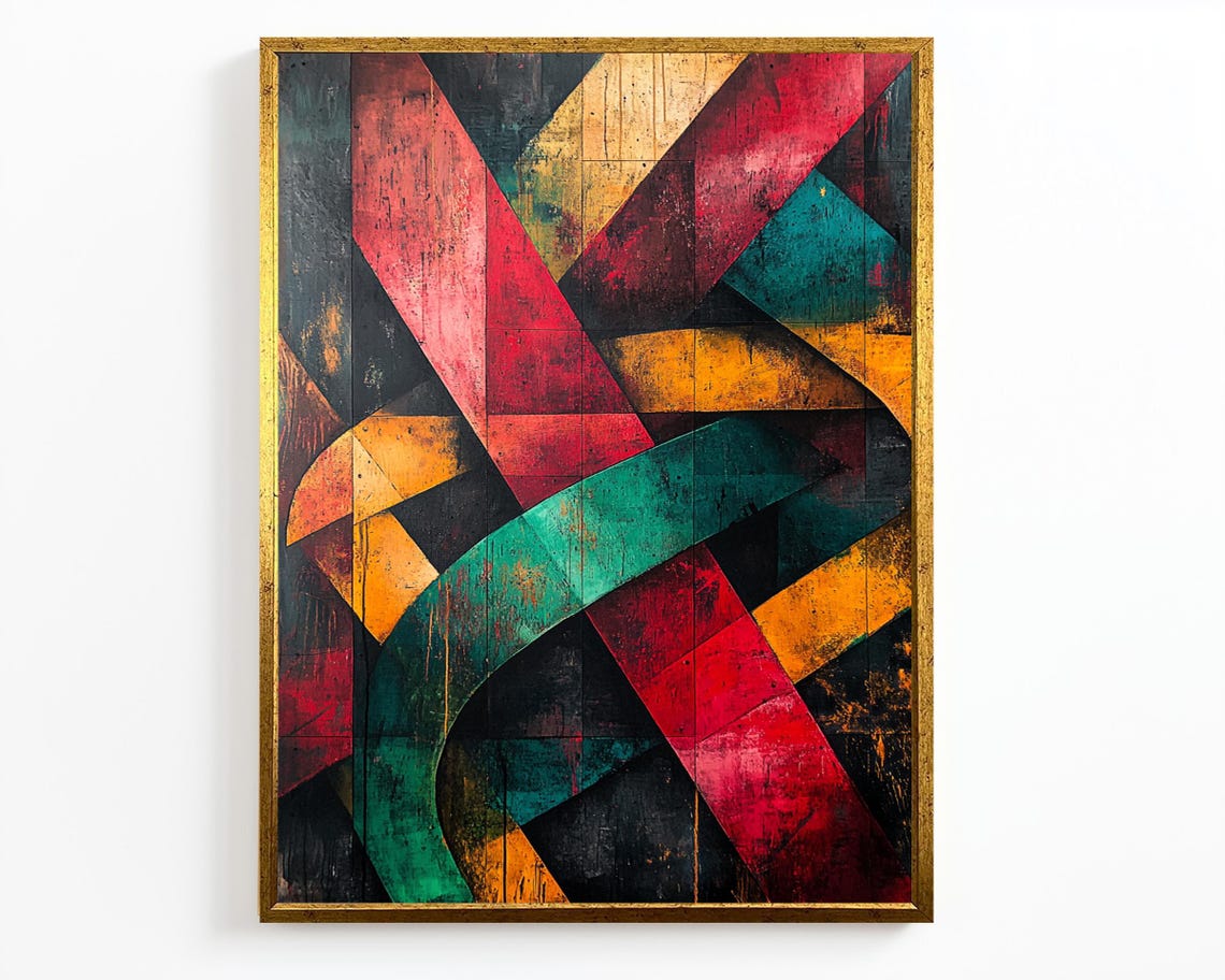 Vibrant Geometric Interlocking Bands Red Green Orange Modern Wall Art - Image 2