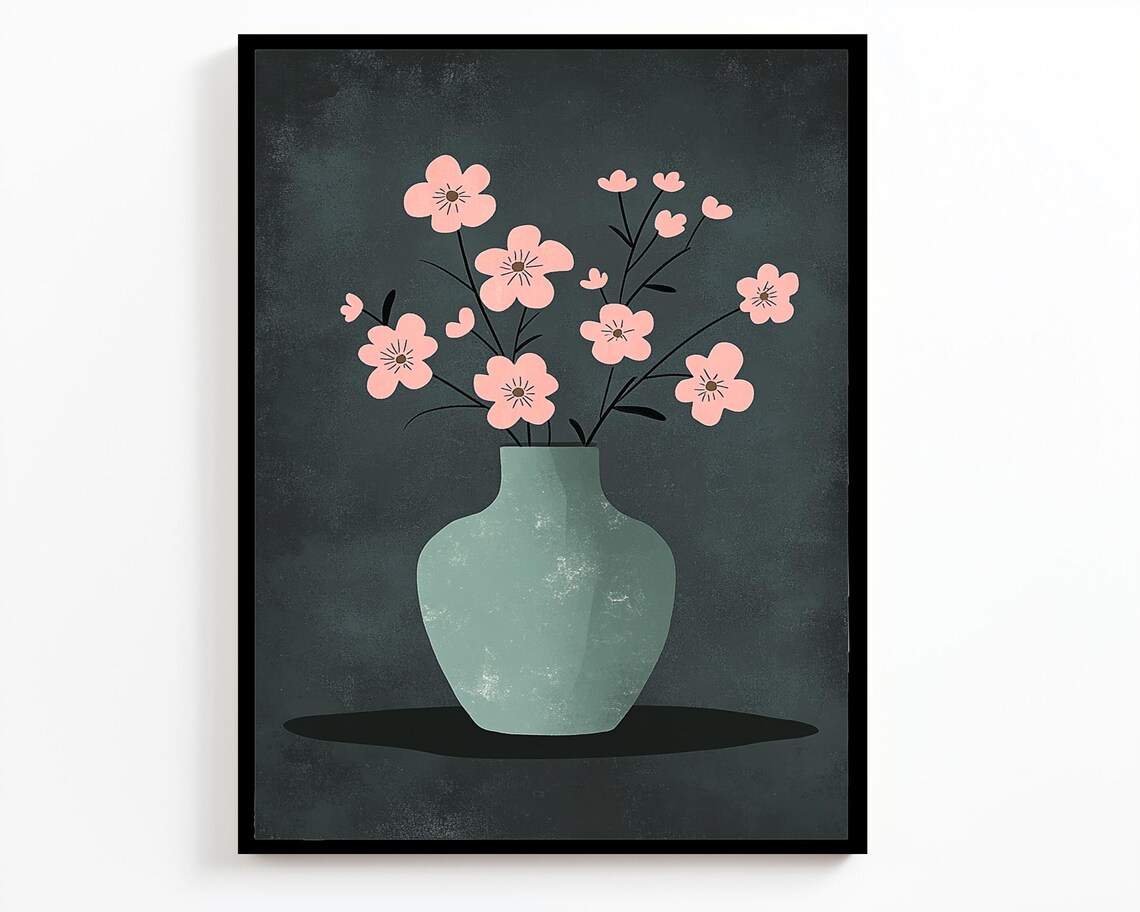 Pink Blossom Branches Sage Vase Minimalist Dark Floral Art Poster - Image 2