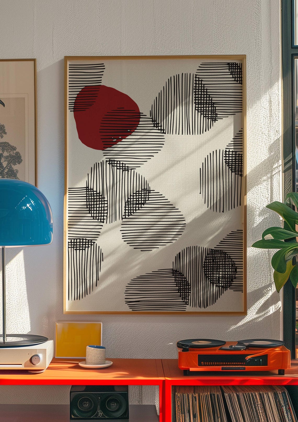 Mid Century Black Line Doodle Shapes Red Accent Abstract Art Poster - Image 2