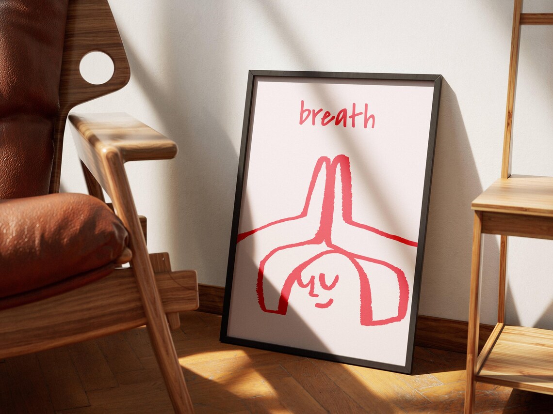 Breath Pink Line Drawing Meditating Woman Yoga Mindfulness Art Poster - Image 4