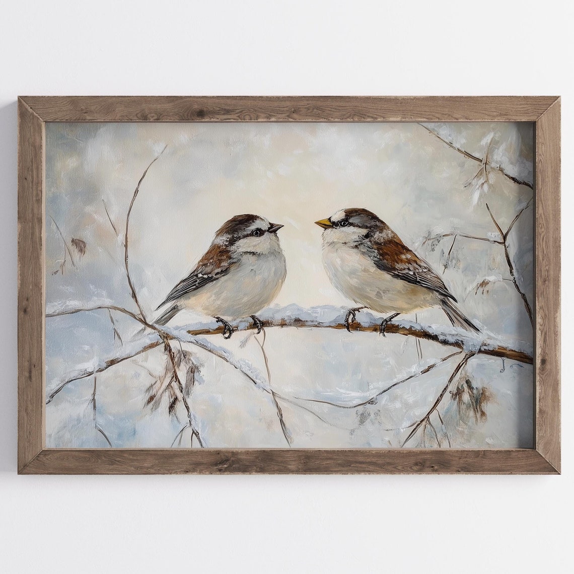 Sparrows on Snow Covered Branch Winter Songbirds Pair Wall Art