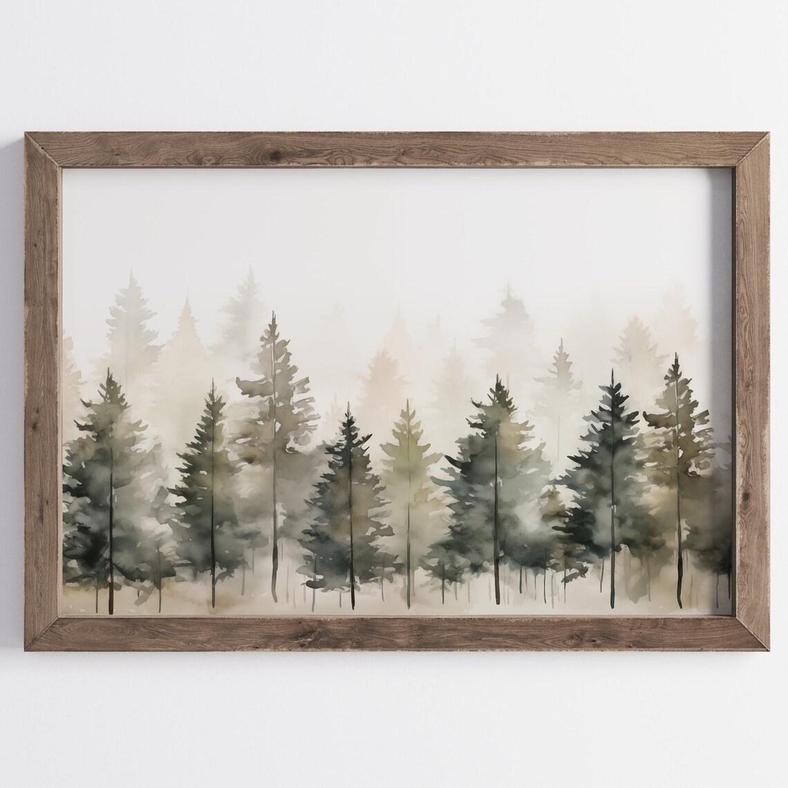 Misty Evergreen Forest Watercolor Rustic Woodland Landscape Poster