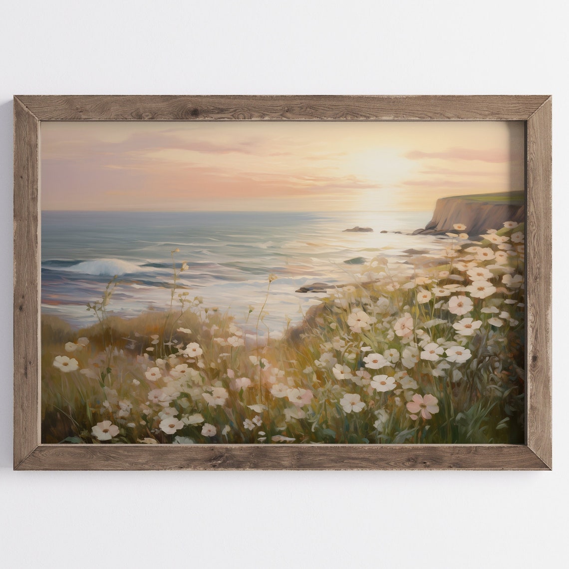 Coastal Cliffs with Wildflowers at Soft Sunset Ocean View Poster