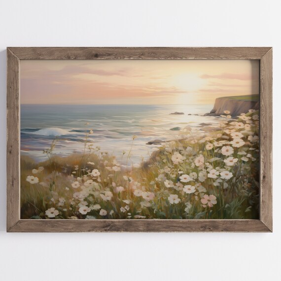 Coastal Cliffs with Wildflowers at Soft Sunset Ocean View Poster