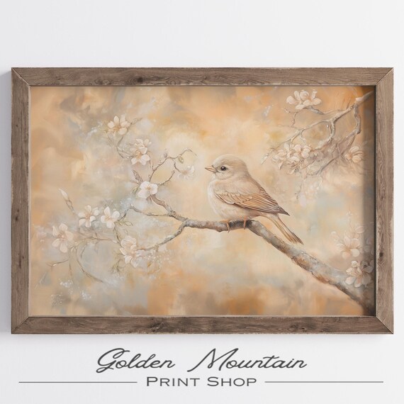 Cream Songbird On Flowering Branch Golden Pastel Spring Oil Painting Poster