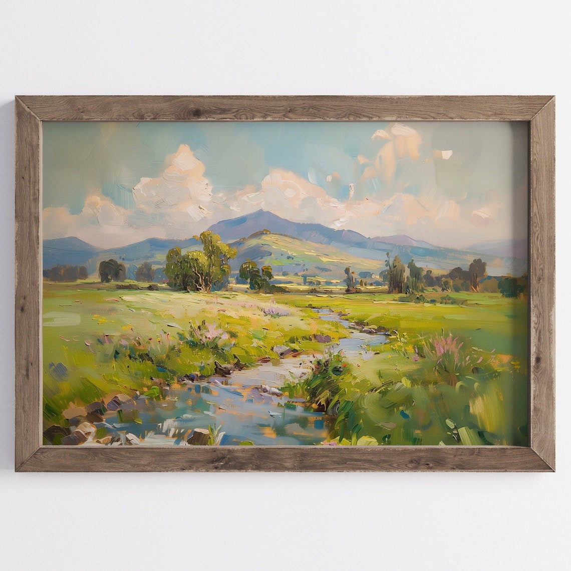 Sunny Summer Meadow Stream Green Hills Mountain Vintage Poster