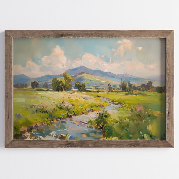 Sunny Summer Meadow Stream Green Hills Mountain Vintage Poster
