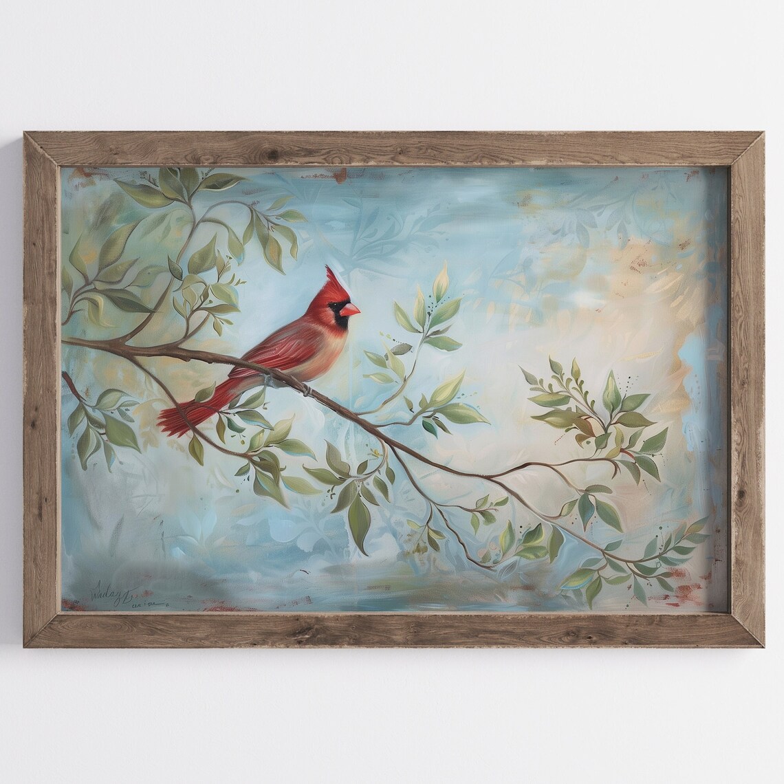Northern Cardinal Red Bird Branch Soft Pastel Blue Bird Poster