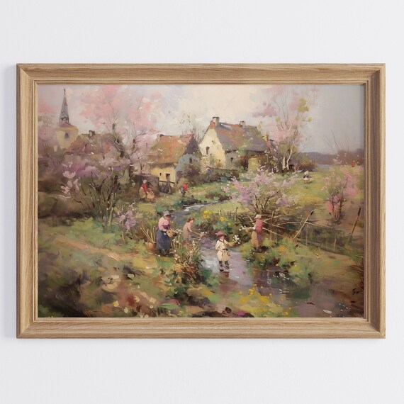 Old Village by the Stream in Soft Spring Blossom Scenic Poster