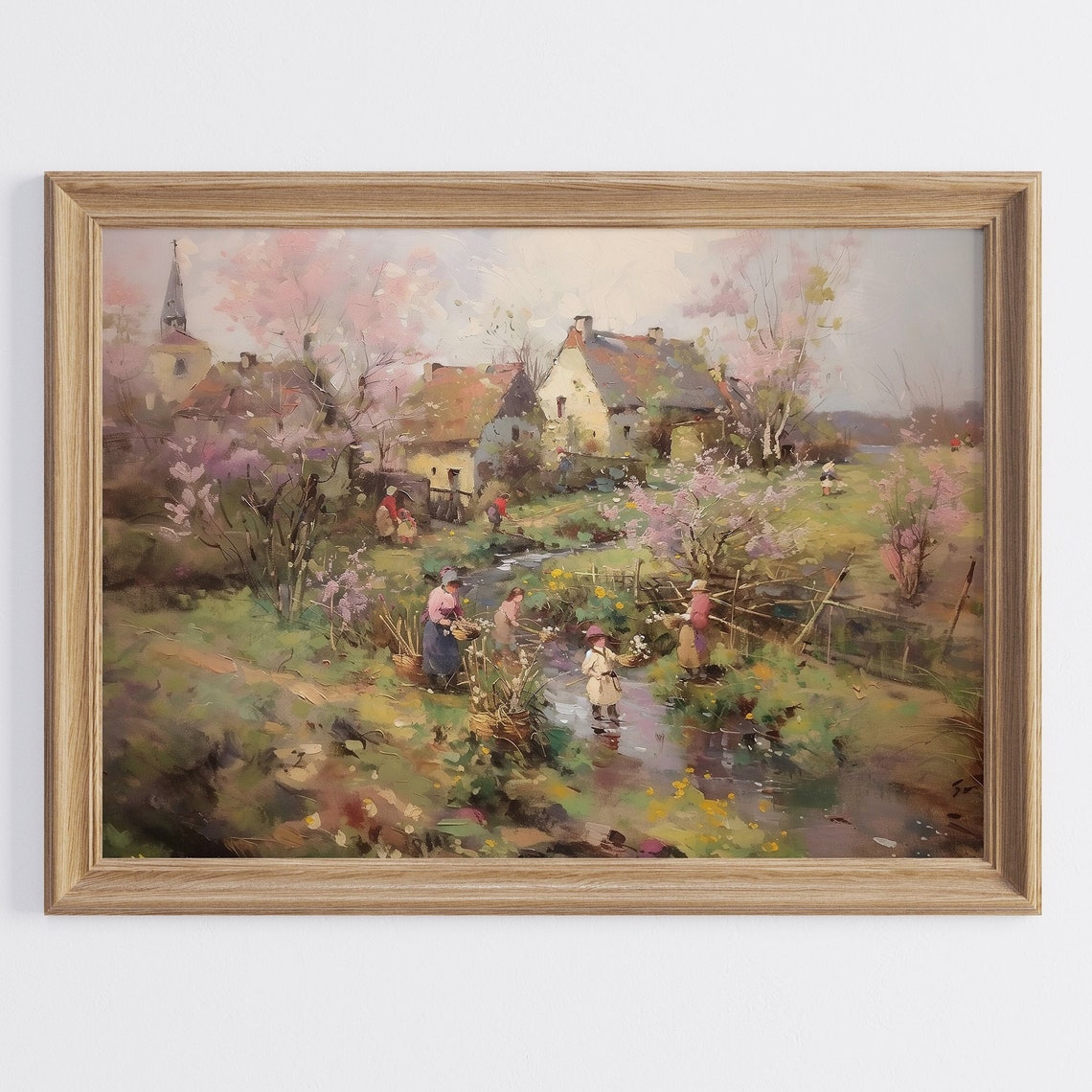 Old Village by the Stream in Soft Spring Blossom Scenic Poster