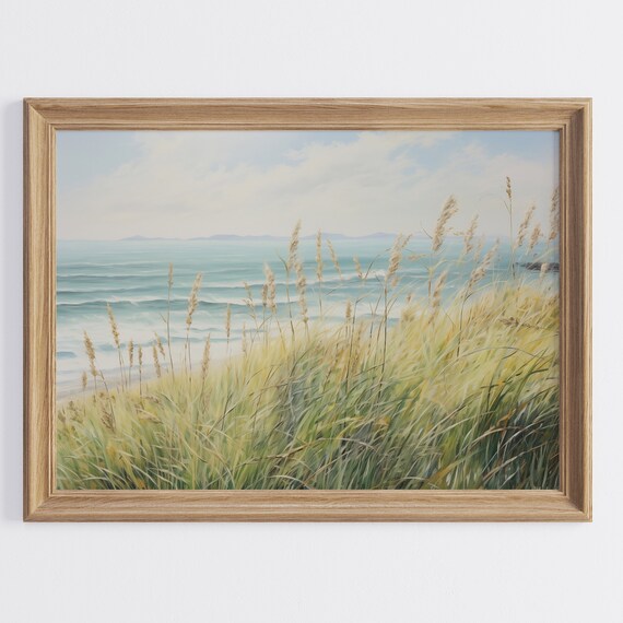 Beach Dune Grass Golden Turquoise Ocean Vintage Coastal Poster