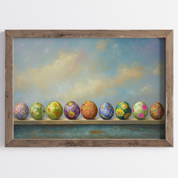 Nine Colorful Painted Easter Eggs Row Blue Sky Spring Poster