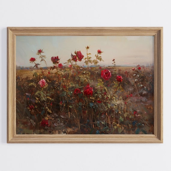 Moody Landscape Painting Vintage Art Wildflower Painting Rose Flower Decor Roses Print Spring Wall Decor Wild Flower
