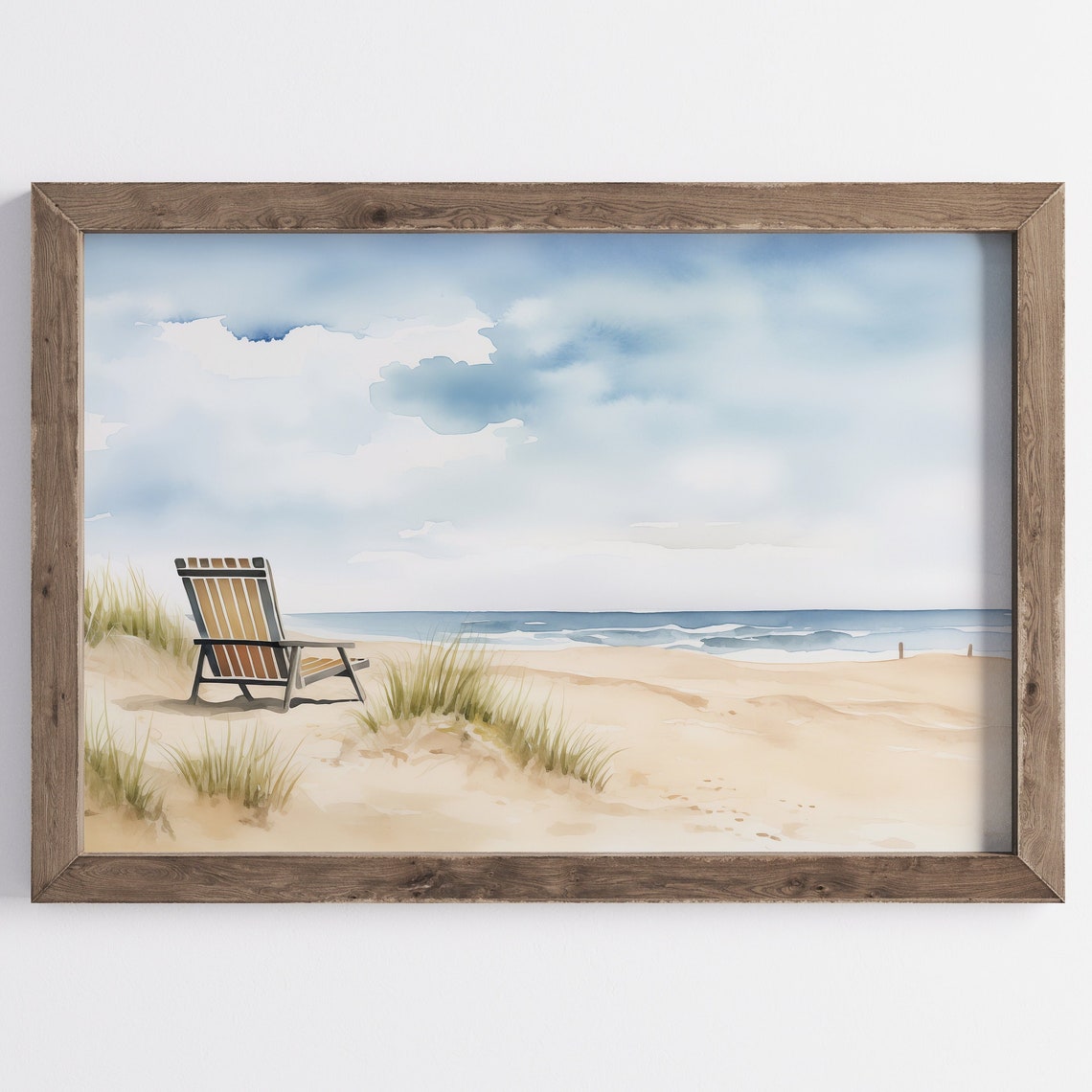 Watercolor Beach Scene Lone Deck Chair Dunes Coastal Wall Art