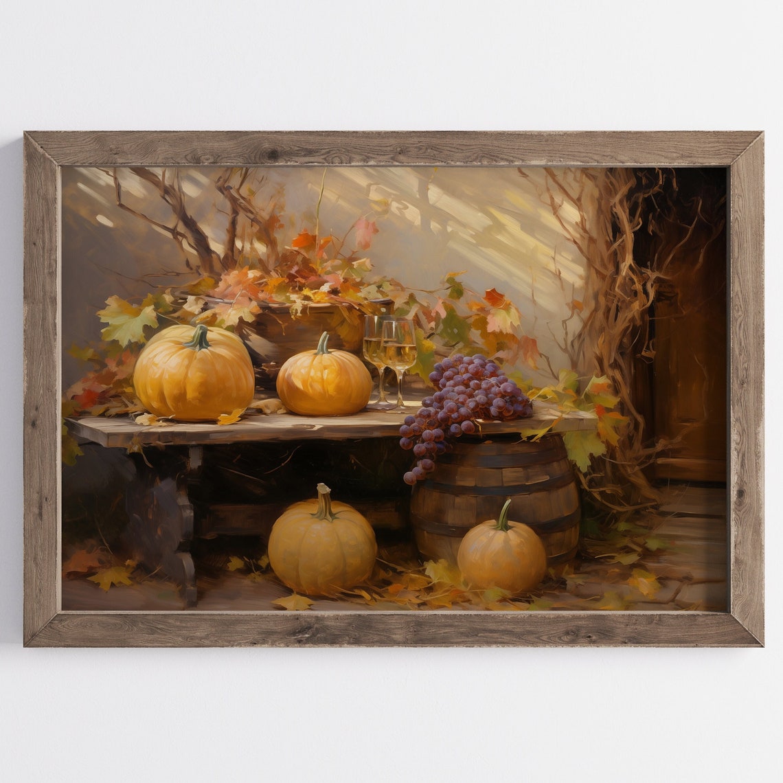 Autumn Harvest Pumpkins Grapes Wine Rustic Still Life Wall Art
