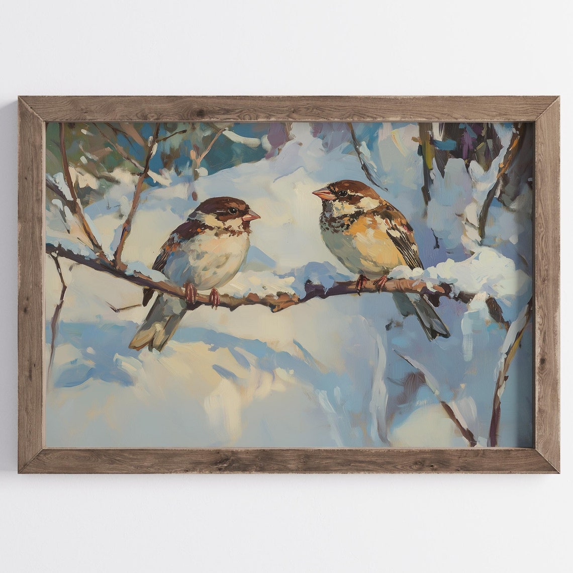 Two Sparrows Snowy Branch Blue Winter Songbird Pair Wall Art