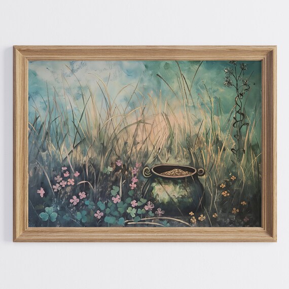 Leprechaun Pot of Gold in Tall Grass with Shamrocks Saint Patrick's Poster