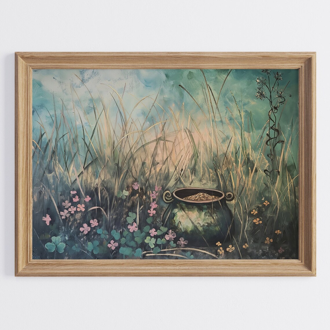 Leprechaun Pot of Gold in Tall Grass with Shamrocks Saint Patrick's Poster