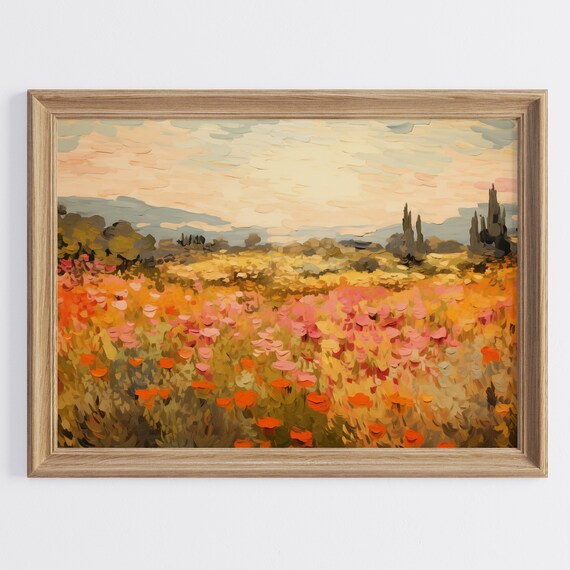 Sunset Wildflower Field Orange Poppies Impressionist Meadow Poster
