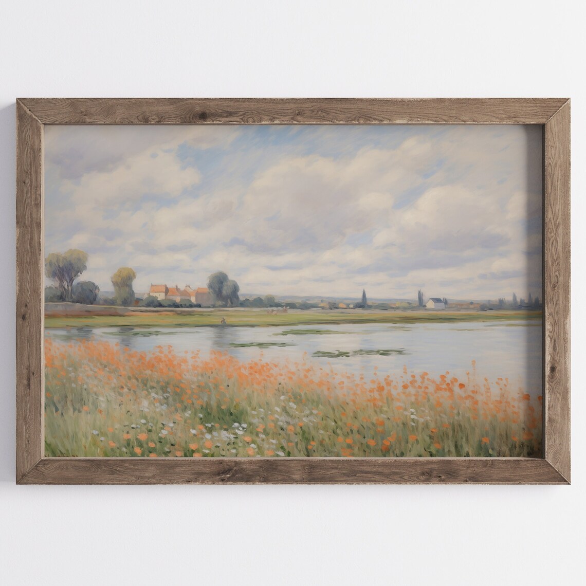 Orange Wildflower Meadow by the Lake Impressionist Village Scene Poster